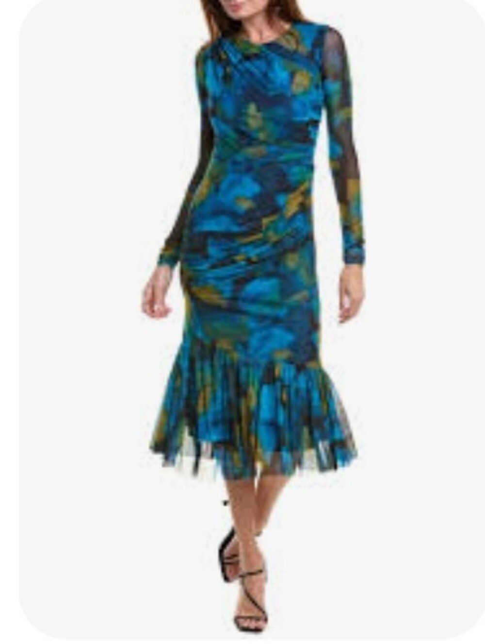 Taylor NWT Blue And Green Long Sleeve Draped Mesh Midi Dress  Size 4.